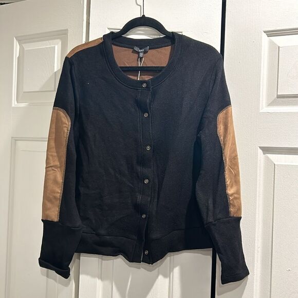 NWT DREW Black Cardigan w/ Tan Foil Suede sleeve patches and Back, Size XL - Picture 2 of 8